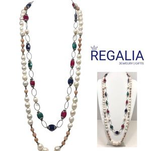 ✨ Handmade Stunning Double-Layered Long Necklace w/Pearls & Semi Precious Stones